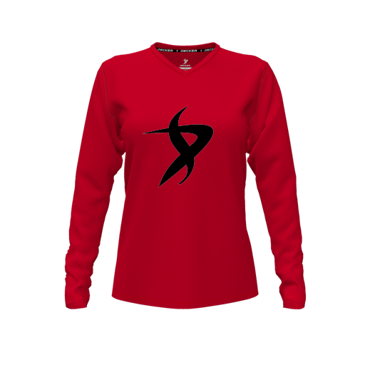 [CUS-DFW-TEES-CMF-VNK-LSL-RED-FYXS-LOGO1] Comfort T-Shirt (Female Youth XS, Red, V Neck, Logo 1, Long Sleeve)