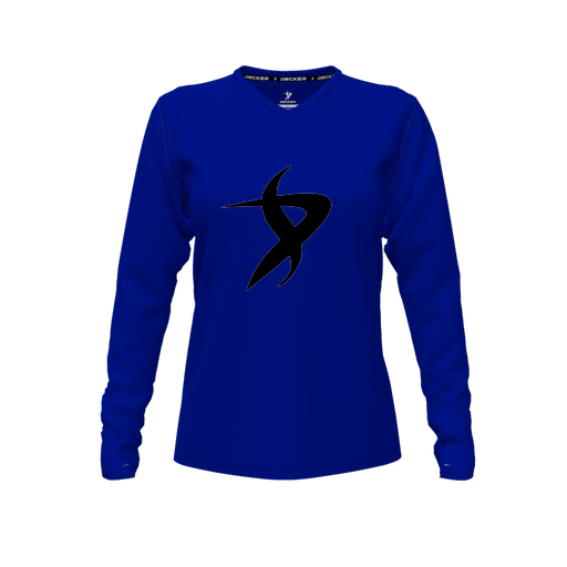 [CUS-DFW-TEES-PER-VNK-LSL-RYL-FYXS-LOGO1] Performance T-Shirt (Female Youth XS, Royal, V Neck, Logo 1, Long Sleeve)